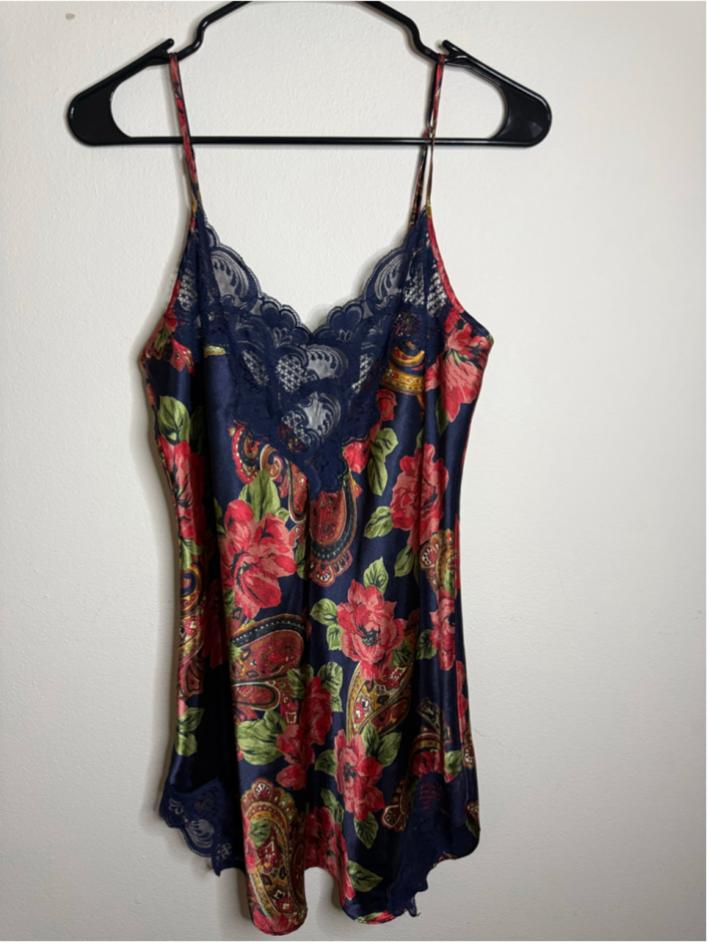 Women's Victoria's Secret Vintage Floral Chemise Slip, Size M, Navy Blue & Red